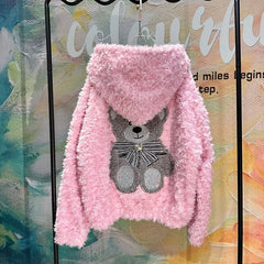 cold weather outfits JazzHer Trendy Brand Cute Pink Rhinestone Bear Jacket With Hoodie Autumn/Winter High Definition Genuine Leather Coat Handmade Embroidery