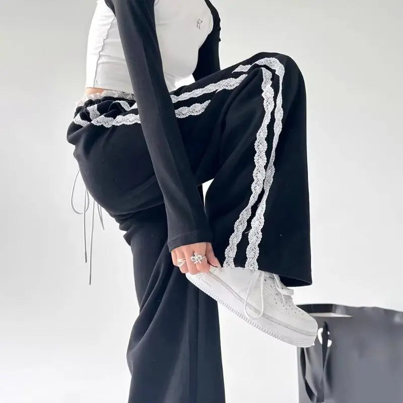 JazzHer Lace Patchwork Sweatpants Women Y2K Streetwear High Waist Wide Leg Pants Korean Fashion Casual Elastic Waist Straight Trousers