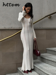 JazzHer Elegant Knitted Striped Long Dress Women Sexy V-neck Full Sleeve Hollow Out Lace Up Beach Dresses 2024 Summer Lady Holiday Robe