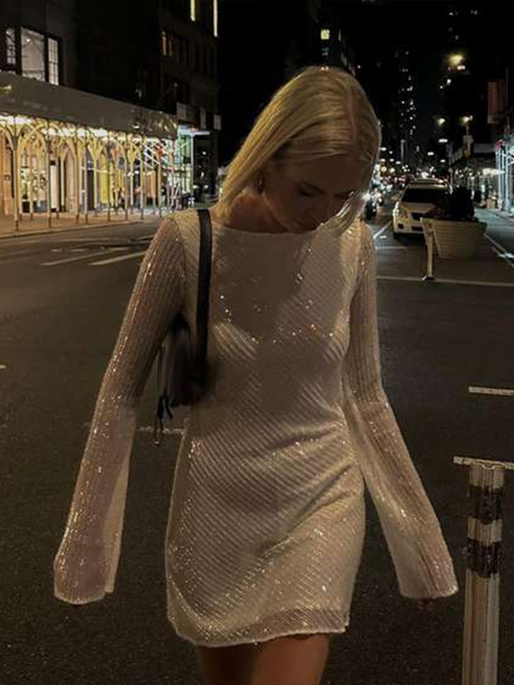 JazzHer Sexy Sequins Backless Mini Dress Women O-neck Long Flare Sleeve Female Party Dresses 2024 Autumn Lady Sparkle Night Club Vestido