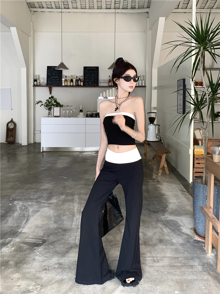 JazzHer 2025 New Temperament Fashion Gyaru Set Women Summer Contrast Color Tube Top Vest Slightly Flared Trousers Two-piece Set Fashion