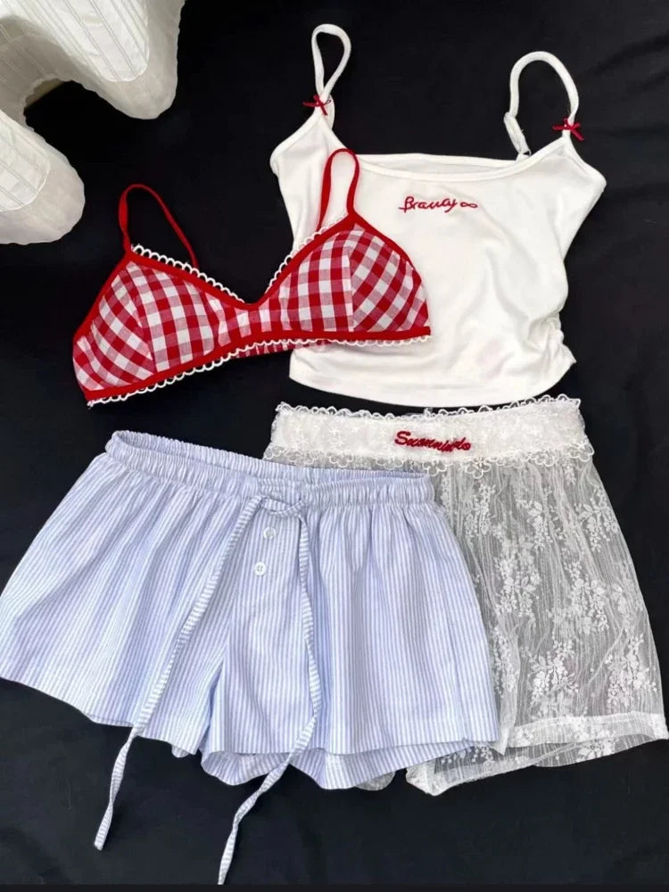 JazzHer Woman New Korean Fashion Lace 4 Piece Set Spicy Girls Y2k Elastic V Neck Sling Plaid Top + Casual  Bow Short Pants Chic