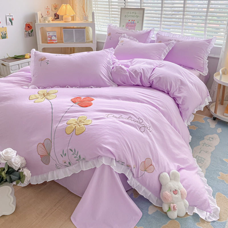 JazzHer Ins Korean Style Bedding Set with Ruffles Princess Duvet Cover No Filling Flat Sheet Pillowcases Kit Girls Blue Pink Solid Color