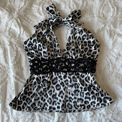 JazzHer Y2k Tops Camis Women Clothing Leopard Punk Sexy Sling Lace Aesthetic Crop Top Baby Tee Slim Gothic Backless Femme Grunge T shirt