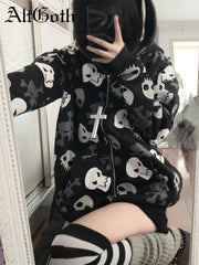 JazzHer Cyberpunk Y2k Sweatshirt Women Mall Goth Harajuku Skull Printed Long Sleeve Zipper Cardigan Hoodie Emo Alt Indie Clothes