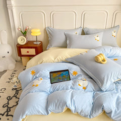 JazzHer Ins Cartoon Cute Duck Bedding Set Towel Embroidery Duvet Cover Queen Twin Full Size Soft Bed Flat Sheet Quilt Cover Pillowcases