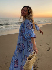 JazzHer Loose Striped Print linen Maxi Dress Women Fashion V-neck Lantern Sleeve Female Holiday Dresses 2024 Summer Lady Beach Robes New