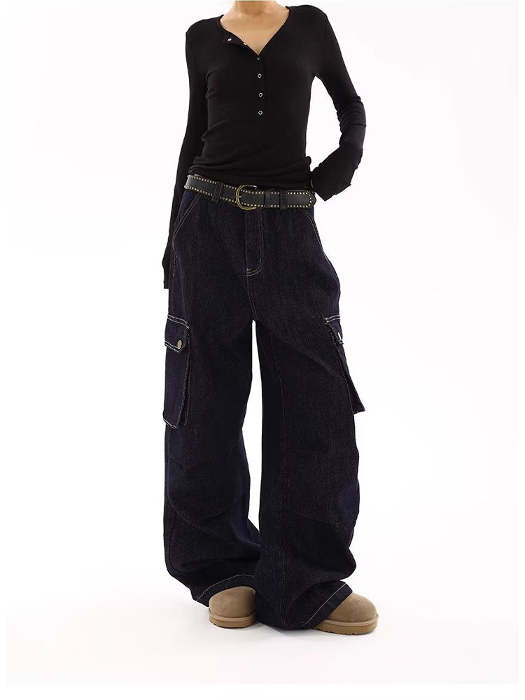 christmas outfit JazzHer Women's Dark Blue Y2k Baggy Cargo Jeans Harajuku Japanese 2000s Style Oversize Denim Trousers Vintage Jean Pants Trashy Clothes