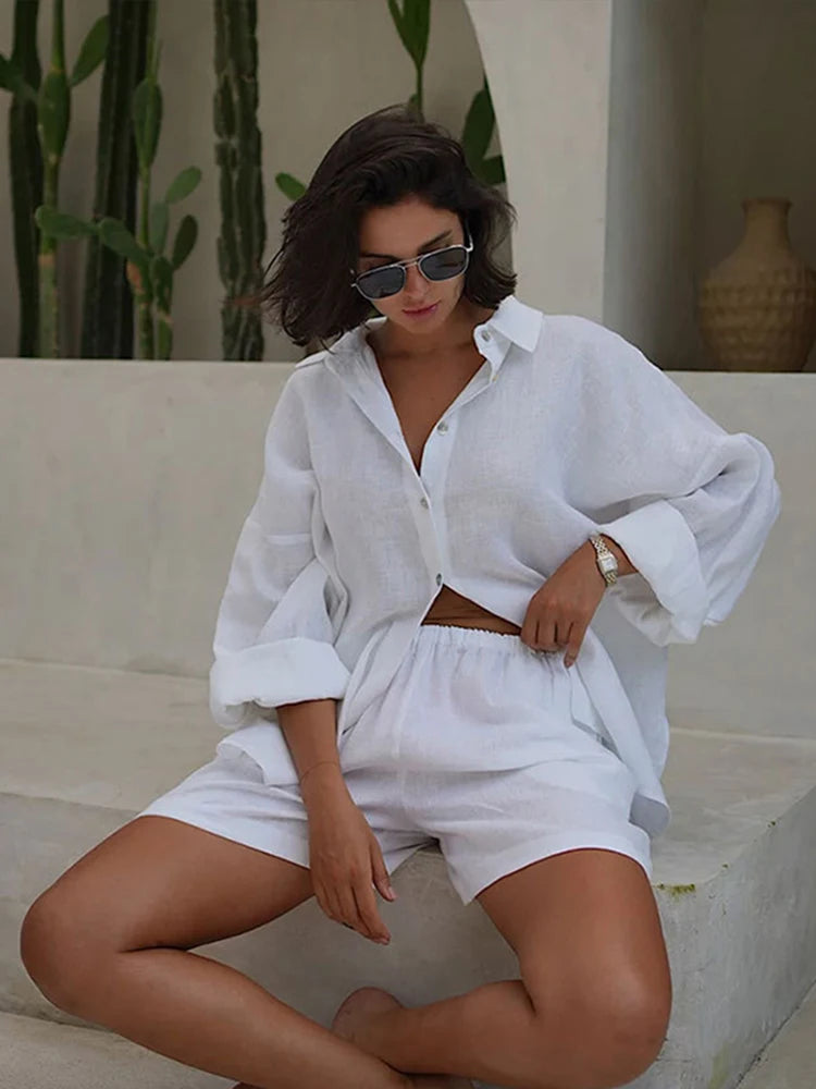 thanksgiving outfit JazzHer Casual Shirt Shorts Set For Women Cotton Loose Long Sleeve Lapel Single Breasted Top Shorts Sets 2024 Summer Holiday Lady Outfit