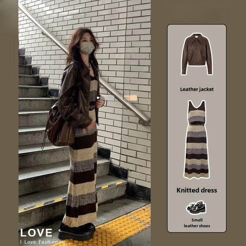 cold weather outfits JazzHer 2024 Autumn New Vintage Leather Jacket Cropped Knit Striped Slimming Vest Dress Women's Fashionable Slim Fit Knitwear