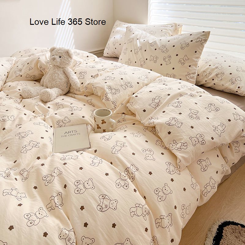 JazzHer INS Cute Little Dog Teddy Double Layer Bedding Set Lovely Cartoon Animal Brown Sheet With Pillowcases Quilt Dormitory For Kids