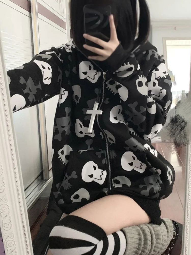 JazzHer Cyberpunk Y2k Sweatshirt Women Mall Goth Harajuku Skull Printed Long Sleeve Zipper Cardigan Hoodie Emo Alt Indie Clothes