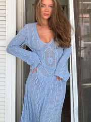 JazzHer Elegant Knit Hollow Out Long Dress Women Loose V-neck Full Sleeves See Through Beach Female Dresses 2024 Summer Lady Beach Robes