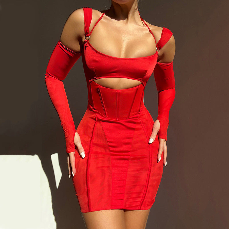 JazzHer Sexy Backless Mesh Sheer Corset Dress