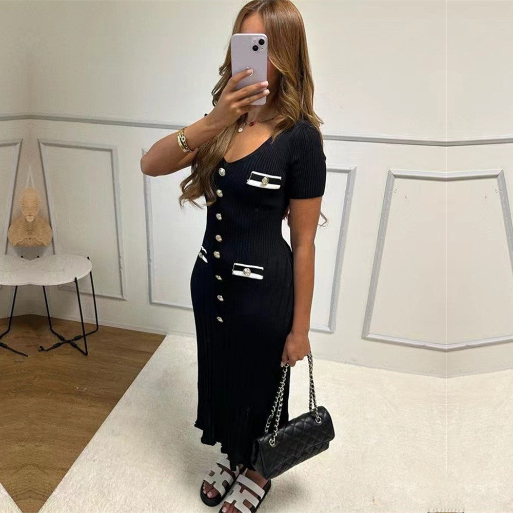 JazzHer Office Lady Elegant Knitted Long Dress Summer Short Sleelve V Neck Single Breasted Bodycon Dresses Women Party Fashion Vestidos