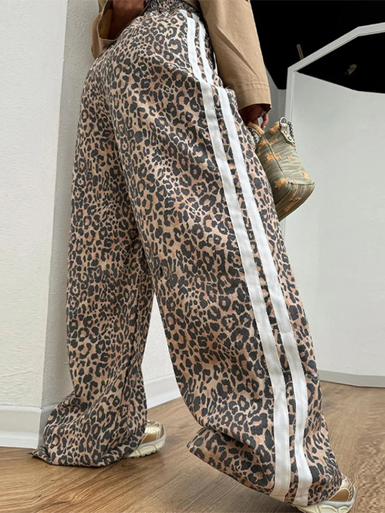 thanksgiving outfit JazzHer Casual Leopard Wide Leg Pant Women Patchwork High Waist Long Trouser Female 2024 Autumn Fashion Y2K All Match Striped Pants Lady