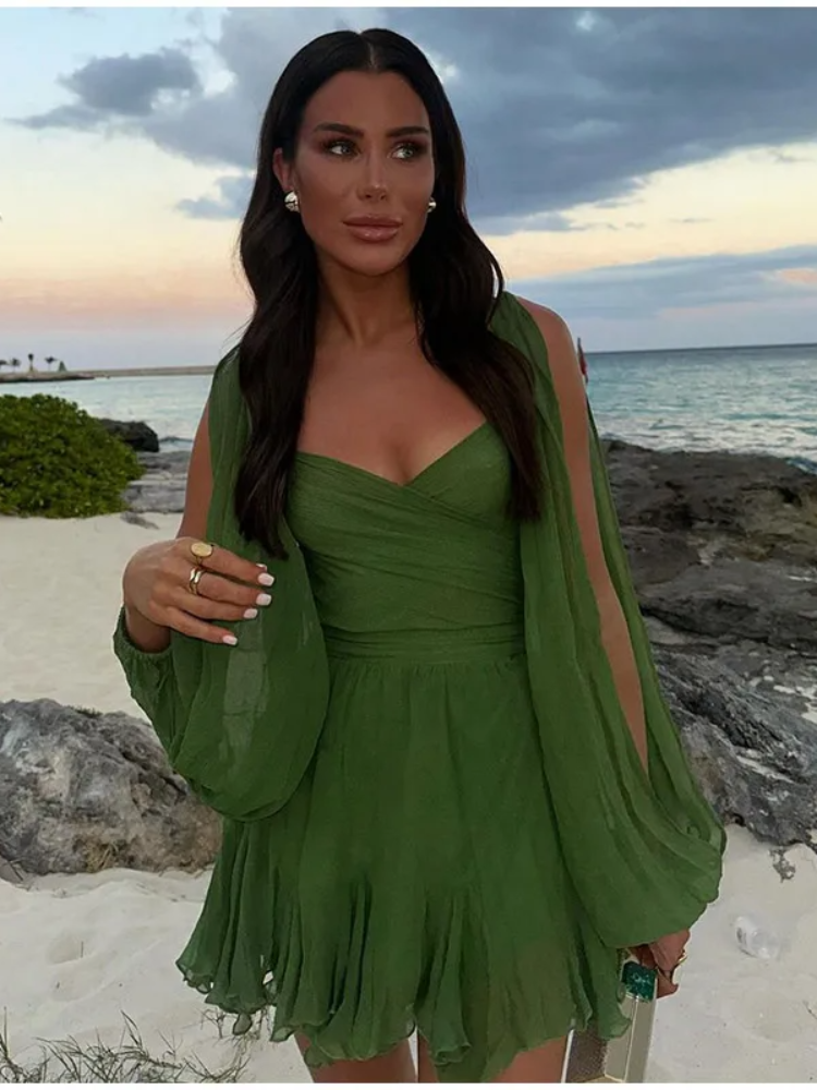 JazzHer Chiffon Green Ruffles Mini Dresses Women Elegant Long Sleeve A Line Beach Robe Fashion Lady Ruffles Holiday Summer Party Vestido