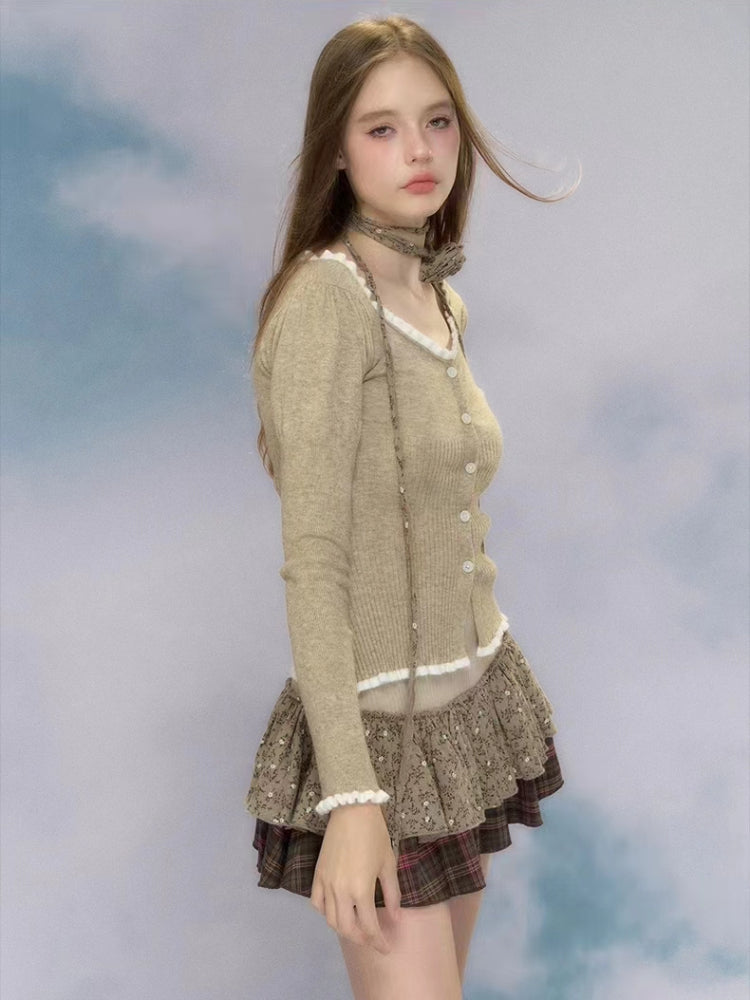 JazzHer 2025 Autumn Vintage 2 Piece Skirt Set Women Casual Slim Sweater Cardigan + Y2k Retor Mini Cake Skirt Fashion Skirt Suits Female