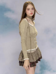 JazzHer 2025 Autumn Vintage 2 Piece Skirt Set Women Casual Slim Sweater Cardigan + Y2k Retor Mini Cake Skirt Fashion Skirt Suits Female