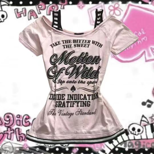 JazzHer T shirt Vintage 90s Women Clothes Streetwear Letter Punk Sexy Short Off Shoulder American White Stripe Gothic Tee Shirts Top Emo