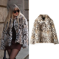 JazzHer Woman Lapel Long Sleeves Side Pockets Casual Winter Jacket Women Coat Leopard Print Faux Fur Loose Slim Warm Coat Mujer Female