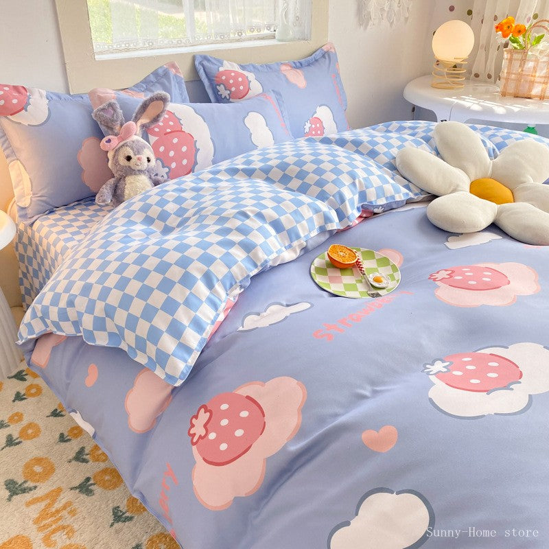 JazzHer Kawaii Bedding Set Kids Adult Flat Sheet Duvet Cover Pillowcase Single Double Full Size Bed Linen Floral Cherry Home Textile