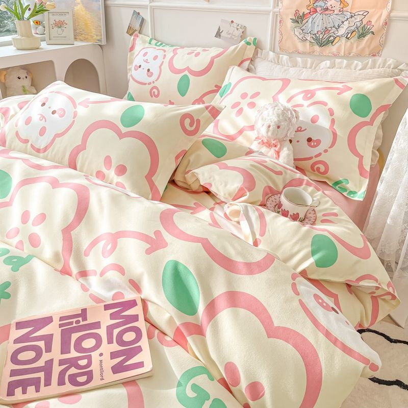 JazzHer Ins Pink Rose Bedding Set Polyester Bed Sheet Pillowcase Quilt Cover Full Twin Queen Size Bed Linen Girls Floral Duvet Cover