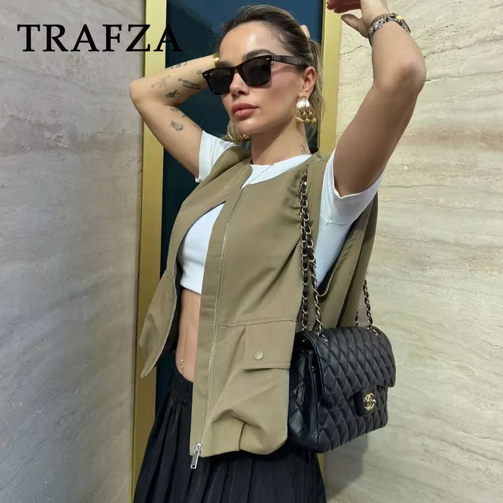 cold weather outfits JazzHer 2024 Spring Summer Casual Women Vests Fashion Vintage Solid Pockets Ruched O Neck Zippers Sleeveless Ladies Vests