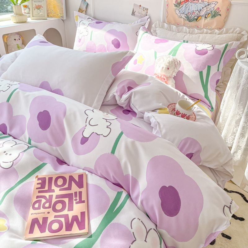 JazzHer Ins Pink Rose Bedding Set Polyester Bed Sheet Pillowcase Quilt Cover Full Twin Queen Size Bed Linen Girls Floral Duvet Cover