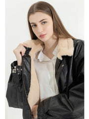 christmas outfit JazzHer Winter Women's Fur Leather Jacket Long Sleeved Loose Warm Lamb Wool Vintage Thickened Locomotive Lapel Female PU Motorcycle Coat