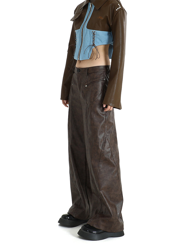 christmas outfit JazzHer Women's Vintage Brown Leather Pants 90s Y2k Retro Pippie High Waist Pants Baggy Harajuku Wide Leg Jogger Trousers 2000s Clothes