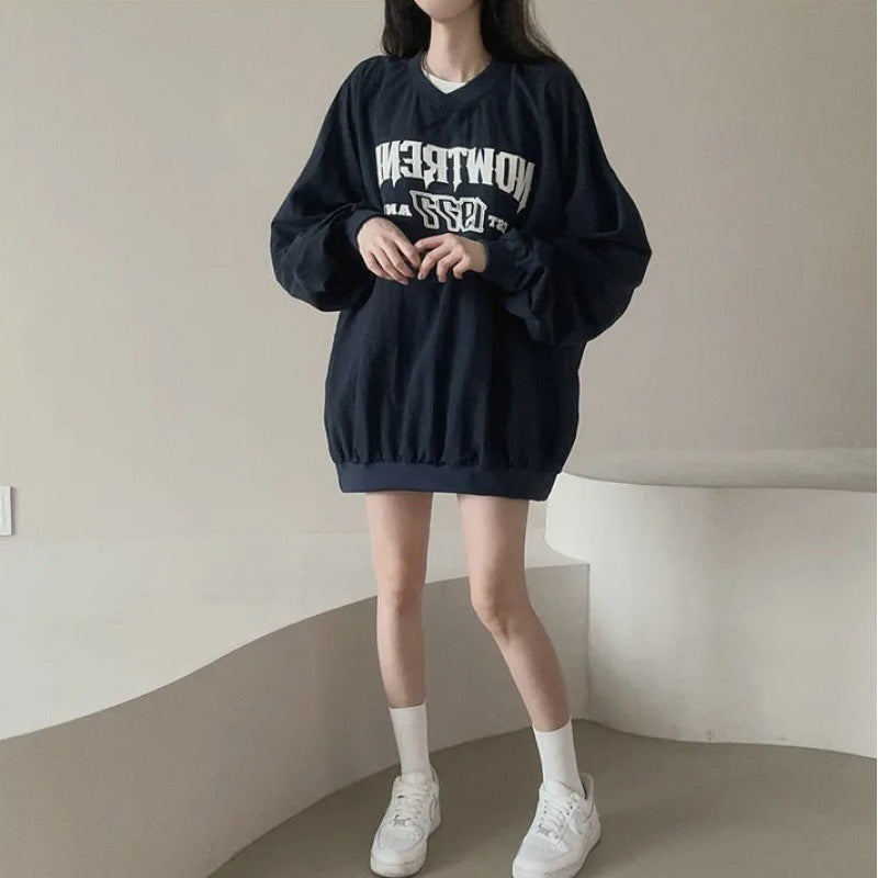 JazzHer Letter Print Oversized Round Neck Sweatshirt