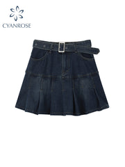 christmas outfit JazzHer Y2k High Waist Denim Mini Pleated Skirts With Belt Women 2025 Summer Fashion Retro A Line Skirt Korean Ins Female Casual Skirts