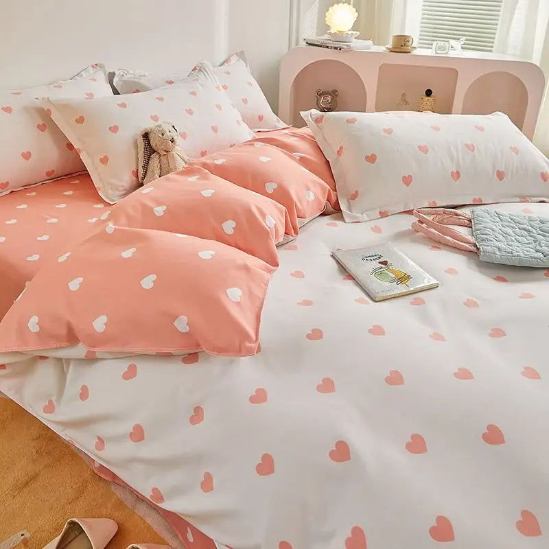 JazzHer Kawaii Bedding Set Kids Adult Flat Sheet Duvet Cover Pillowcase Single Double Full Size Bed Linen Floral Cherry Home Textile