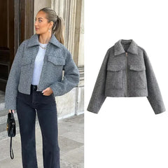 JazzHer Autumn Winter Cropped Jacket for Women Short Coat Tweed Jacket Zip Crop Demi-season Jacket Woman New in outerwears