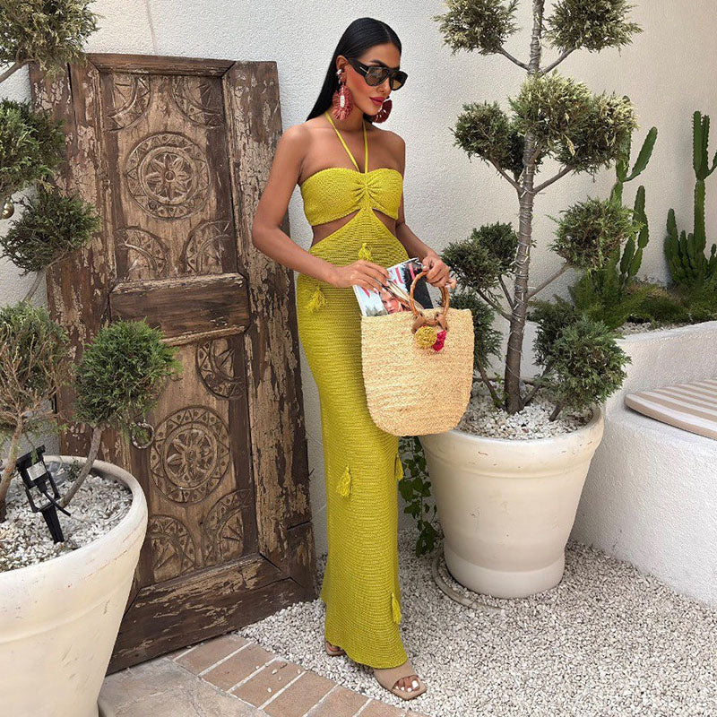 JazzHer Women's Halter Maxi Dress Knitted Hollow Out Tassel Backless Beach Dresses 2025 Sumeer Spring New Slim Vacation Party Robes