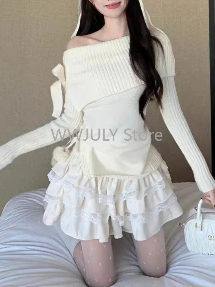 JazzHer Winter Kawaii Sweet 2 Piece Set Woman Off Shoulder Bow Knitted Tops + Mini Cake Skirt Female Korean Fashion Casual Suit 2025 New