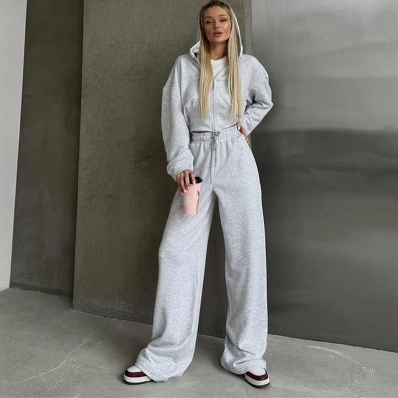 JazzHer Casual Hoodies Pants Sets Women Hooded Long Sleeve Zippers Short Coat Wide Leg Drawstring Pant 2024 Autumn Lady Solid Tracksuit