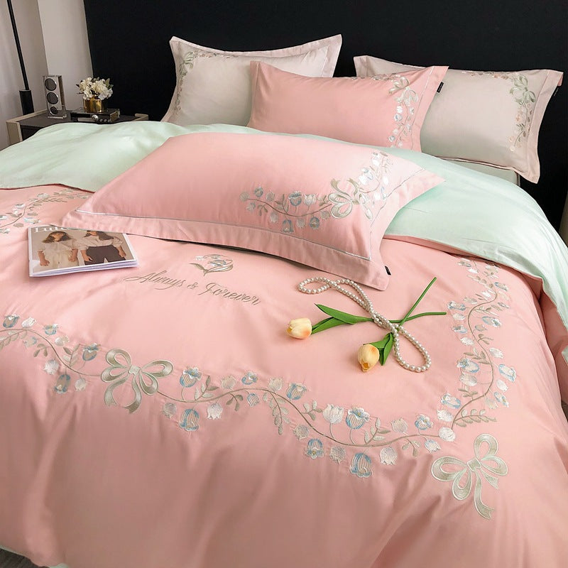 JazzHer New High-End Simple and Light Luxury Skin-Friendly Cotton Four-Piece Set Simple Embroidery Bedding Lily