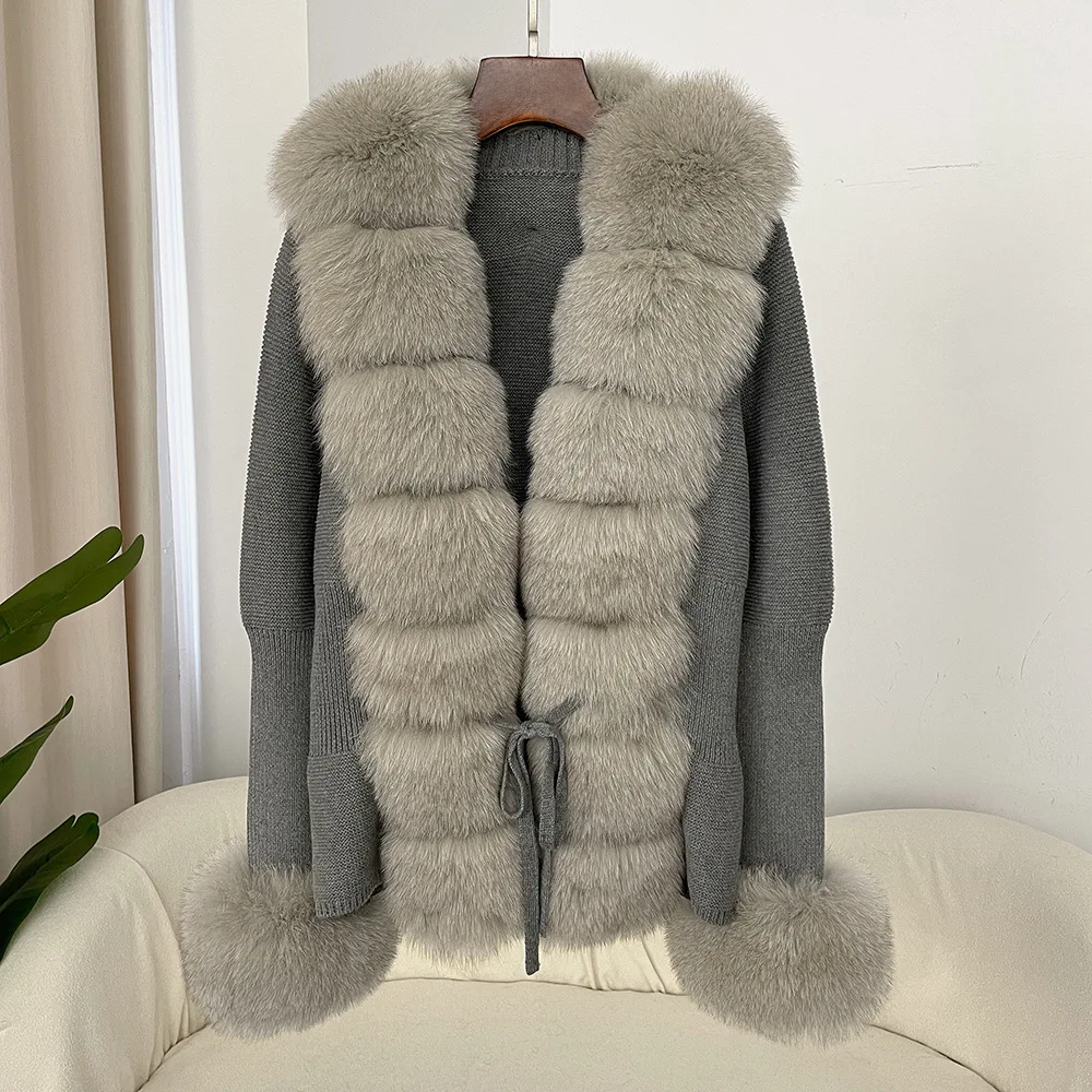 cold weather outfits JazzHer Autumn/winter New Arrival Detachable Real Fox Fur Placket Sleeve Opening Knitted Top Leather Jacket V-neck Pullover