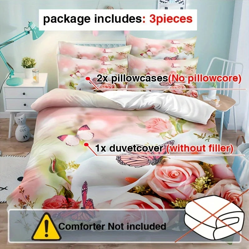 JazzHer 3pcs Duvet Cover Set, Rose Flower Butterfly Printed Bedding Set, Soft Comfortable Breathable Duvet Cover With Pillowcase