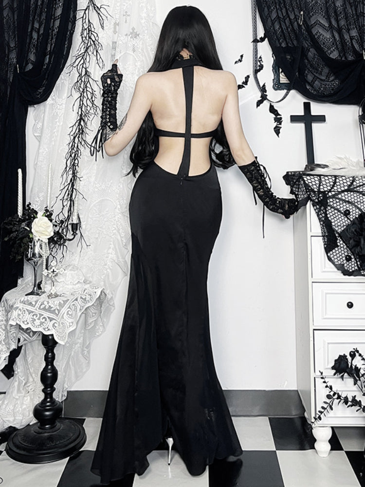 JazzHer Elegant Dark Gothic Party Dress Women Fairycore Grunge Aesthetic Halter Sleeveless High Waist Halter Midi Dress Female