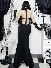 JazzHer Elegant Dark Gothic Party Dress Women Fairycore Grunge Aesthetic Halter Sleeveless High Waist Halter Midi Dress Female
