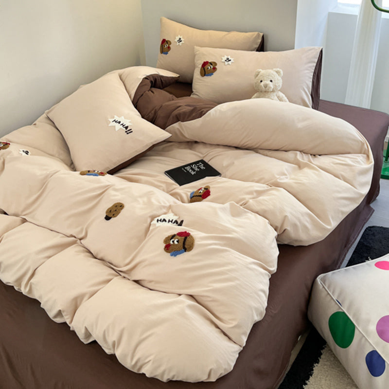 JazzHer Mocha Bear Embroidery Bedding Set Twin Queen Duvet Cover Set Pillowcases for Adult Kids Bed Flat Sheet Cute Quilt Cover Kawaii