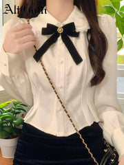 JazzHer Sexy Japan Girl Blouse Office Lady Work Women Button Solid Peter Pan Collar Ribbon Lace Short Crop Top White Shirt Femme
