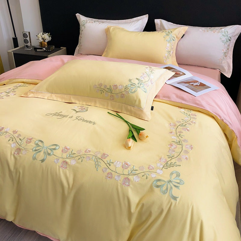 JazzHer New High-End Simple and Light Luxury Skin-Friendly Cotton Four-Piece Set Simple Embroidery Bedding Lily