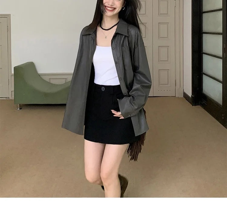 cold weather outfits JazzHer Vintage Long Sleeve PU Leather Women's Shirt Elegant Casual Jacket Top Korean Style Autumn New Arrival High Quality Fashion