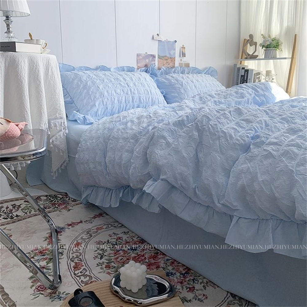 JazzHer INS Girl Blue Bedding Sets Solid Color Seersucker Ruffles Lace  Kawaii Soft Sheet Woman Duvet Cover Pillow Covers Quilt Cover