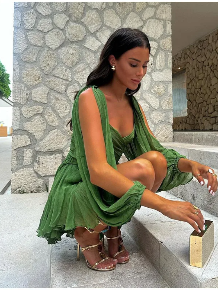 JazzHer Chiffon Green Ruffles Mini Dresses Women Elegant Long Sleeve A Line Beach Robe Fashion Lady Ruffles Holiday Summer Party Vestido
