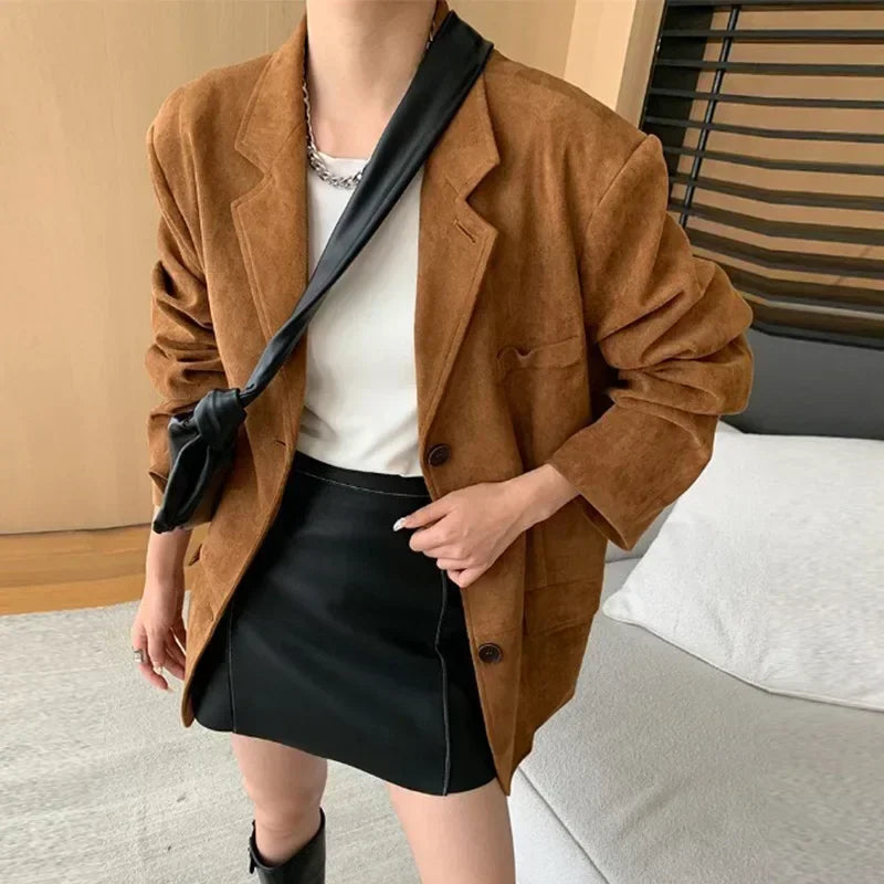 JazzHer Vintage Long Suede Suit Coat Women Loose Lapel Single Breasted Long Sleeve Female Jacket 2024 Autumn Winter Lady Street Overcoat